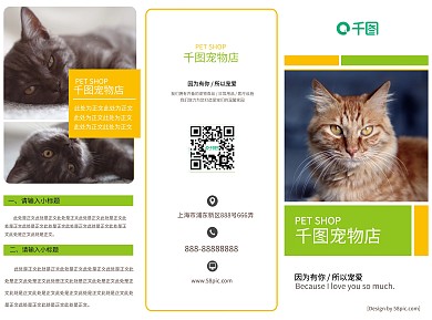 可爱猫咪橙绿色宠物店三折页模板