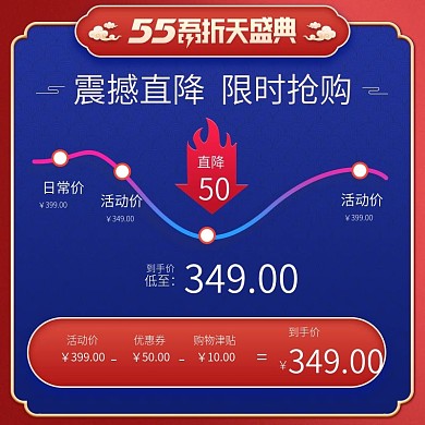五五吾折天红蓝撞色价格曲线活动主图直通车