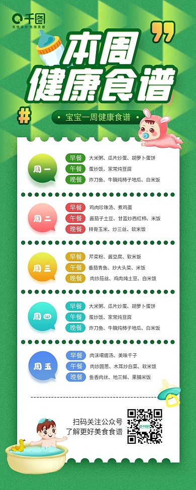 宝宝本周健康食谱绿色清新手机长图海报
