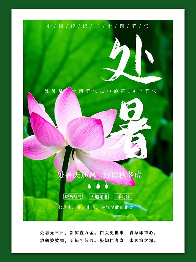 二十四节气处暑荷花绿色背景海报