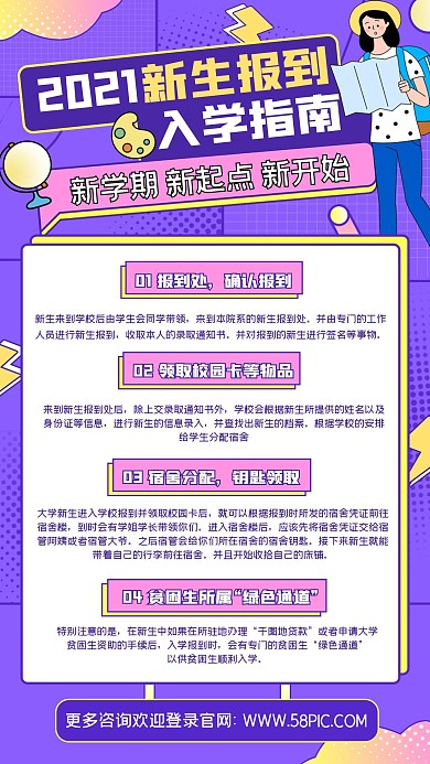 新生报道入学指南创意卡通几何手机海报