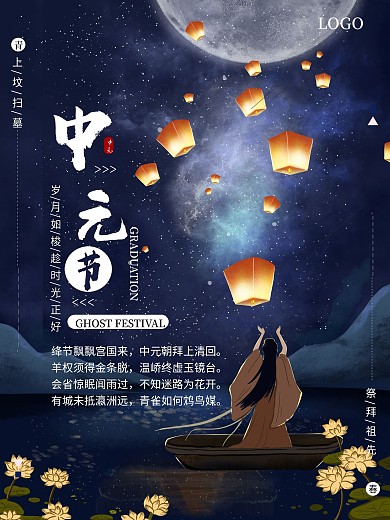 中元节孔明灯唯美天空祈愿海报