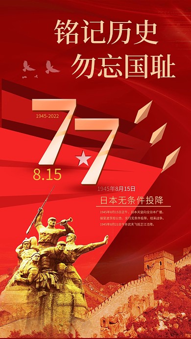 815日本无条件投降77周年纪念手机海报