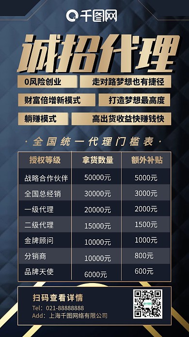 微商招募蓝金色简约大气手机海报