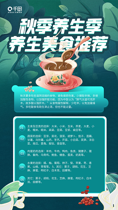 秋季养生美食推荐植物插画手机海报