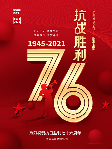 简约风红色抗日战争胜利纪念日76周年海报