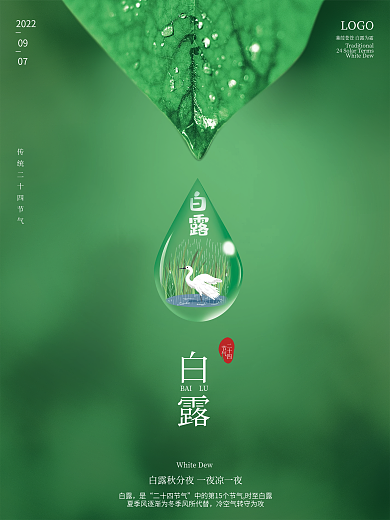 二十四节气海报白露露水滴绿色创意简约海报