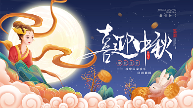 国潮风中秋节嫦娥玉兔月亮节日宣传展板