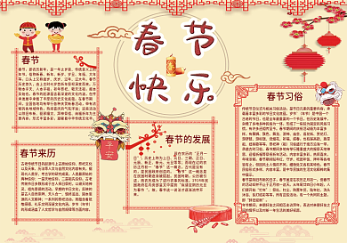 春节新年元旦快乐春节习俗手抄报