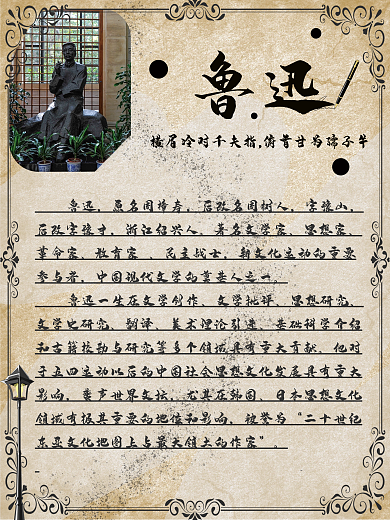 中国风复古名人鲁迅简介人物介绍海报