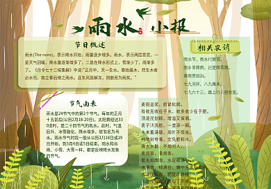 雨水春天绿色二十四节气习俗传统祝福手抄报