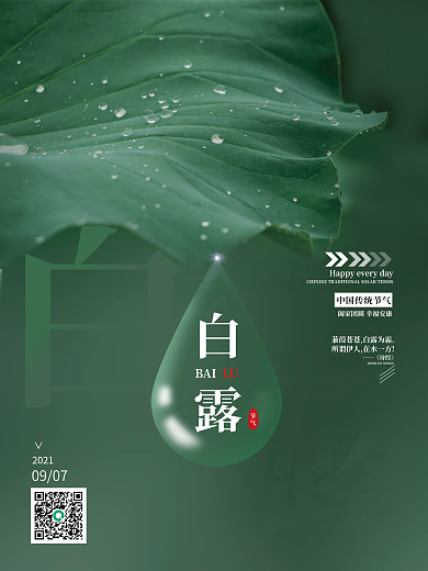 简约二十四节气白露荷叶水珠海报