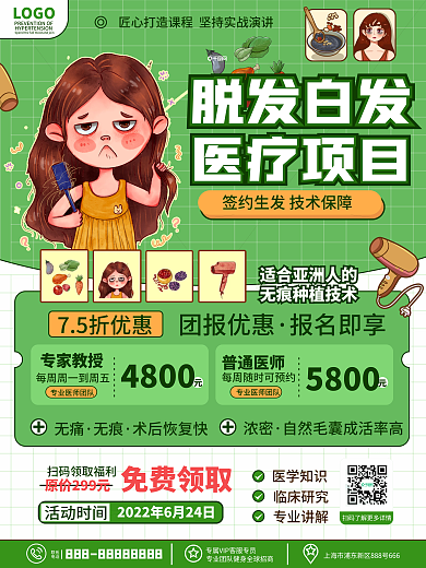 原创手绘插画医疗健康脱发白发治疗宣传海报
