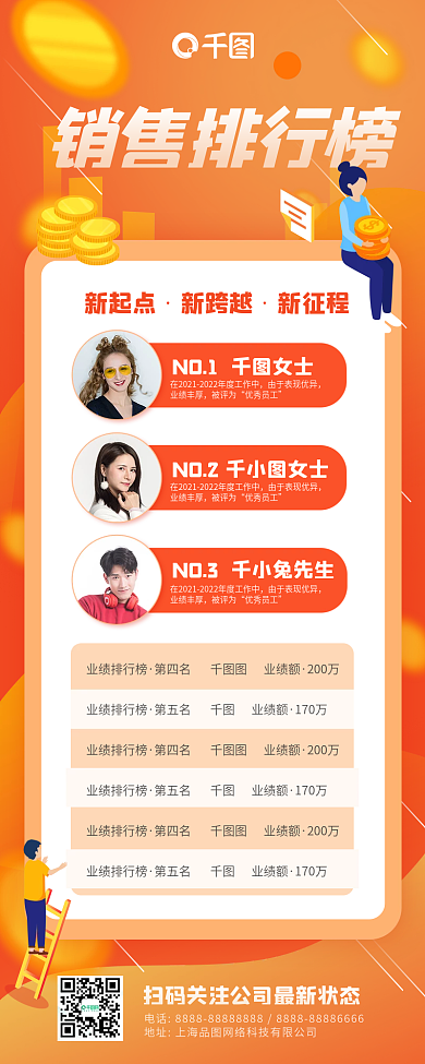 橙金币表单渐变人物房地产销售业绩榜单长图