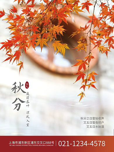 秋分枫叶秋天立秋处暑水纹节气海报
