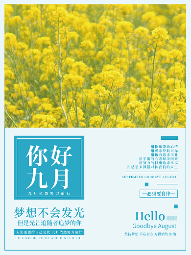 你好九月油菜花田简约海报