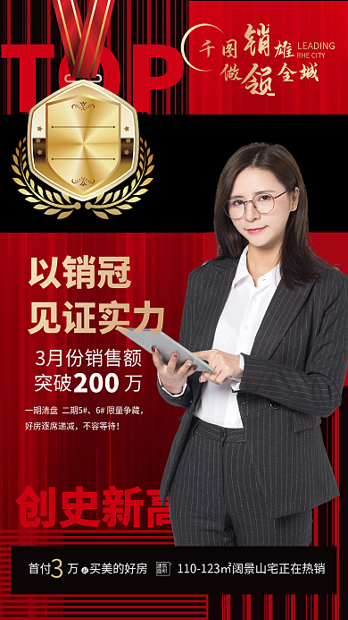 红色喜庆销售冠军喜报简约大气手机海报