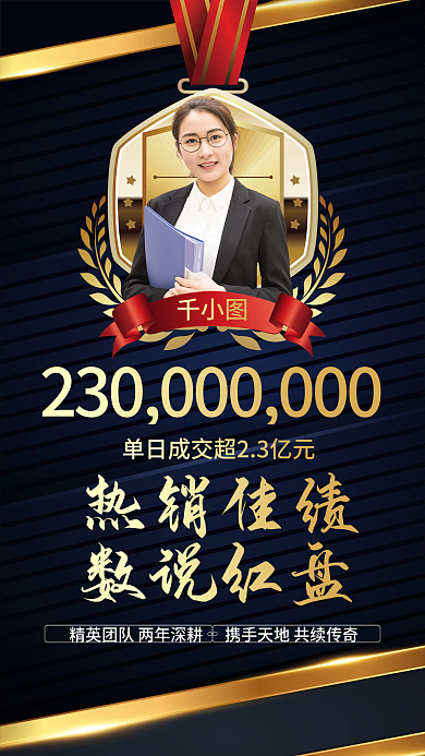 销售冠军喜报黑金色奖牌大气手机海报