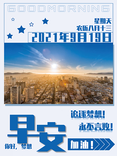 早安你好励志心语日出城市简约海报