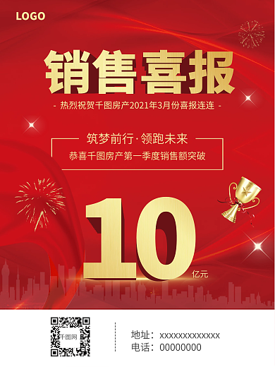 销售喜报红色金色房产销冠海报