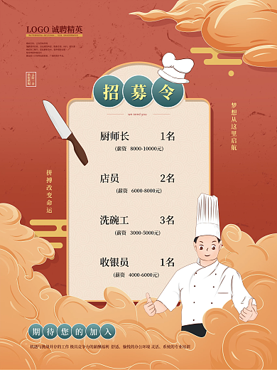 手绘餐饮美食招募企业厨师厨师招聘海报