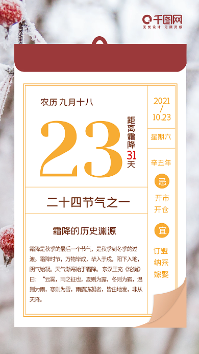 简约风霜降日历手机海报