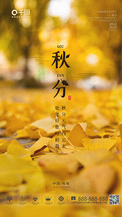 简约金色秋分节气银杏落叶摄影风景手机海报