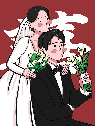 情人节红色喜庆唯美浪漫手绘婚礼婚纱照插画