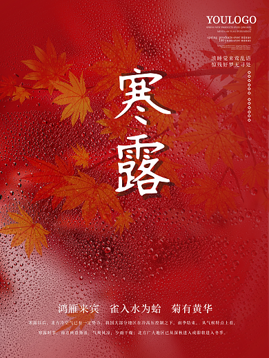 简约秋季寒露节气海报霜降枫叶露水背景素材