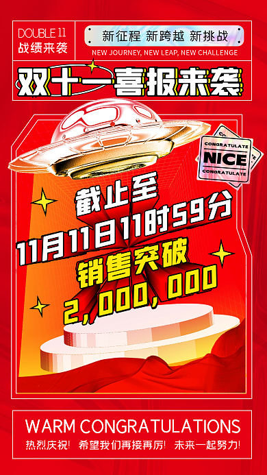 双十一喜报战绩红色喜庆潮流手机海报