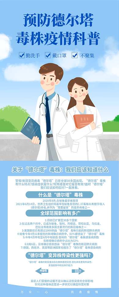 德尔塔毒株疫情强势反扑知识科普长图海报