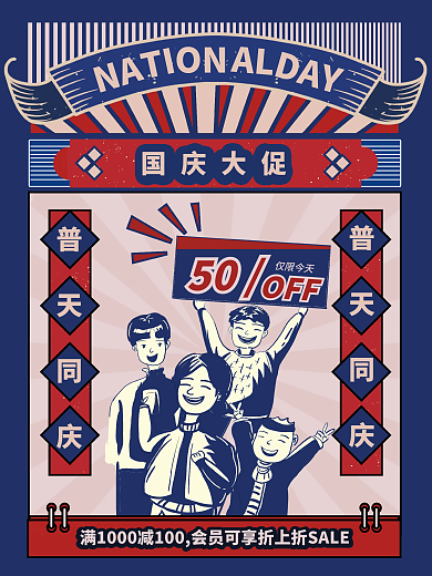 2021国庆节复古促销海报