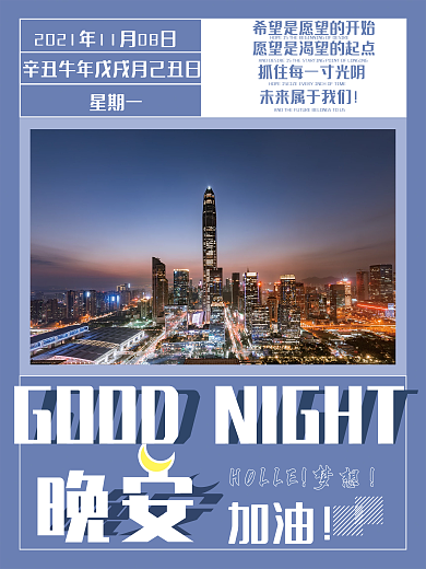 晚安你好梦想正能量励志心语夜景简约海报