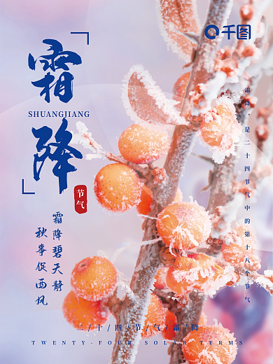 霜降蓝粉色简约大气摄影图霜降节气海报
