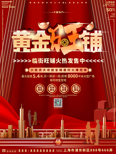 原创简约喜庆红金色商业地产旺铺招商海报