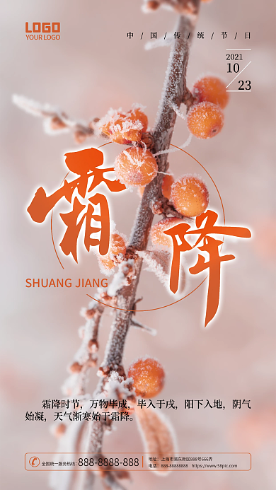 简约创意霜降摄影图手机海报节日海报