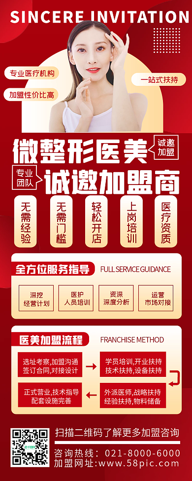 医美微整形招商加盟红色大气手机长图海报