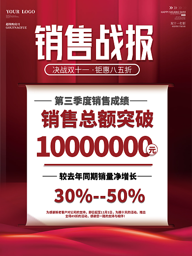 简约喜庆双十一大字报优惠打折喜报战报海报