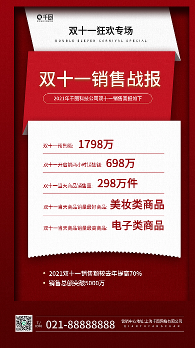 双十一购物节销售喜报红色手机海报