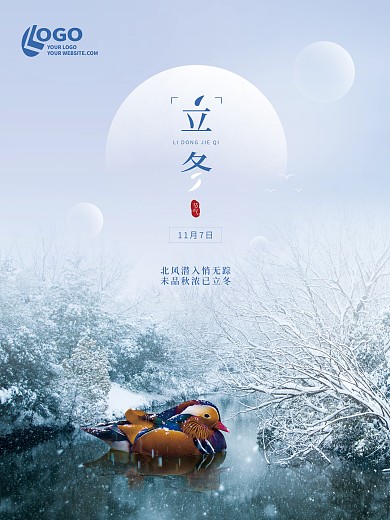 蓝色简约摄影鸳鸯立冬冬季海报