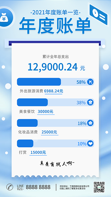 年度账单蓝色简约流体渐变手机海报