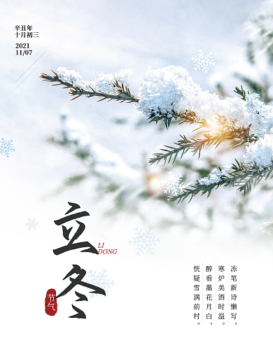 立冬雪花松树二十四节气海报冬天雪景
