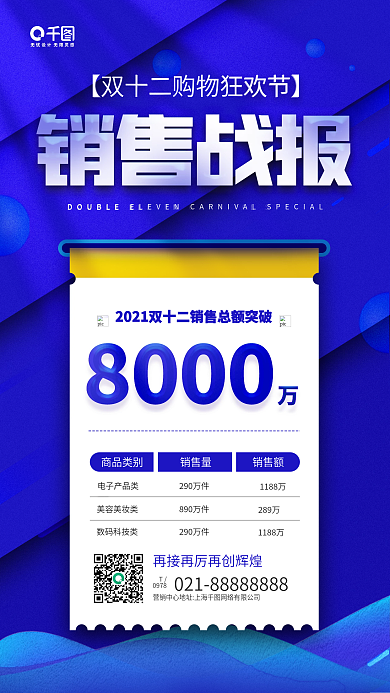 双十二销售战报蓝色质感手机海报