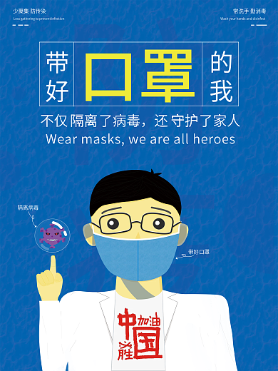 佩戴口罩公益海报防疫宣传医生新冠病毒灭菌