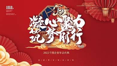 国潮喜庆2022企业年终晚宴励志标语展板