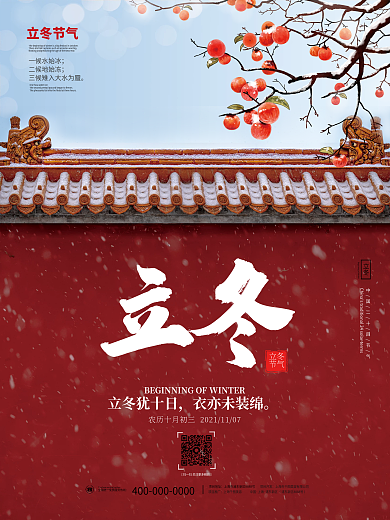 简约创意立冬冬天雪花二十四24节气海报
