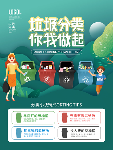 扁平剪纸简约风垃圾分类公益宣传海报