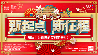 国潮喜庆企业年终晚宴励志标语展板