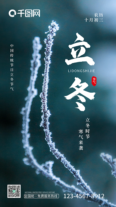 立冬结冻海报冻结的植物结霜摄影图手机海报