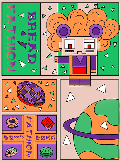 漫画格美食面包IP形象人物像素风撞色